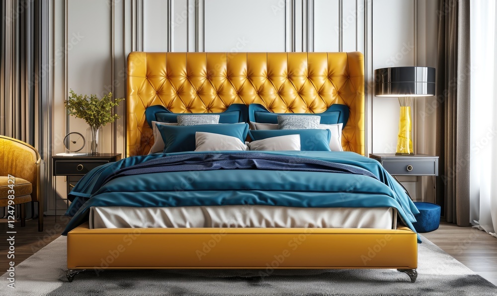 Cozy luxury bedroom, yellow tufted leather headboard, and blue bedding near the nightstand lamp above the table on a white wall background