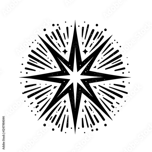 Black ink starburst design on white background with radiating lines and dots.