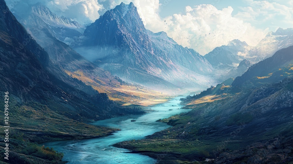 Obraz premium Serene Mountain River Landscape: A Breathtaking Vista