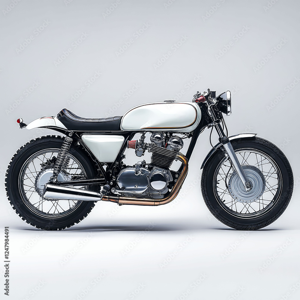 Obraz premium White Vintage Cafe Racer Motorcycle: Chrome, Custom Design, Classic Bike
