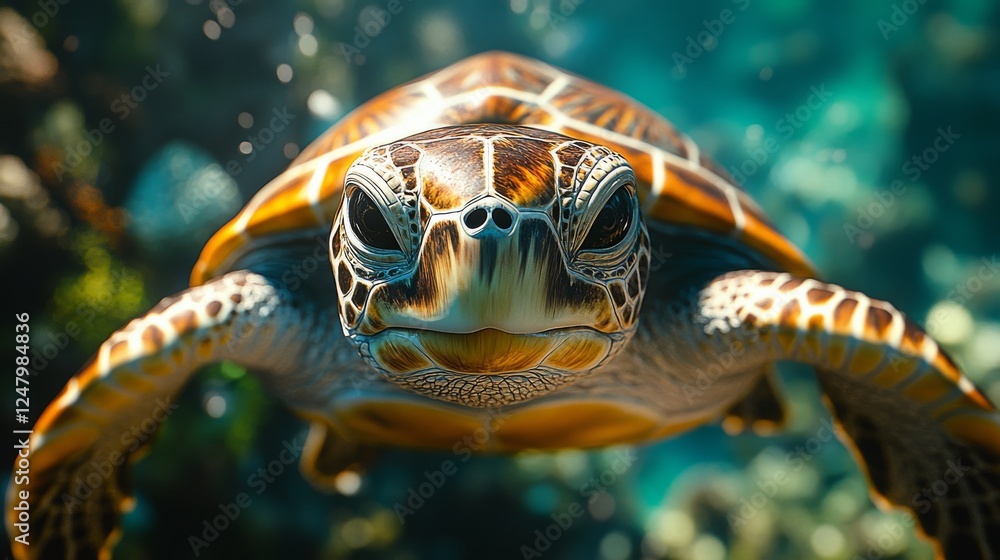 Fototapeta premium Majestic Sea Turtle Gliding Through Ocean Waters in Close-Up View, Underwater Wildlife Photography of Swimming Turtle
