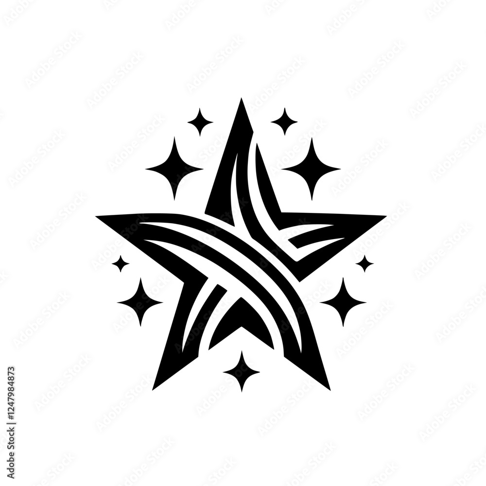 Fototapeta premium Black and white stylized star design with surrounding star, stars, and a white background.