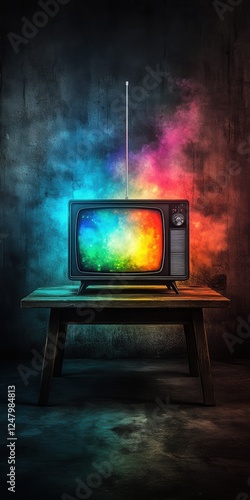 Wallpaper Mural A vintage television radiates a brilliant spectrum of colors against a dark backdrop, symbolizing creativity and imagination, while resting atop a rustic wooden table. Torontodigital.ca