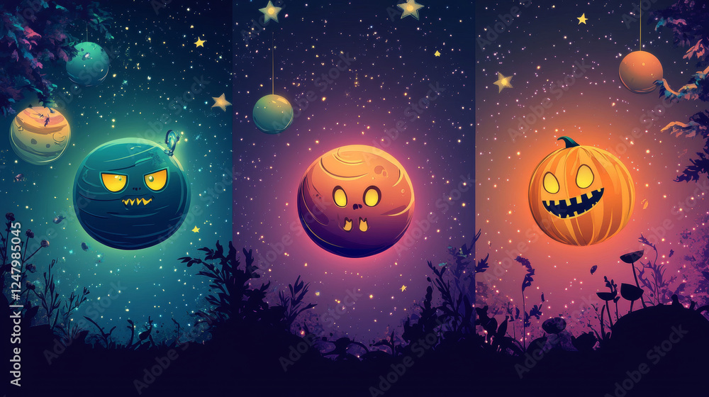 Naklejka premium Space exploring posters. Vector set of futuristic flyers with cartoon illustration of fantasy alien planets on background of outer space with stars. Design template of explore galaxy, cosmos discovery