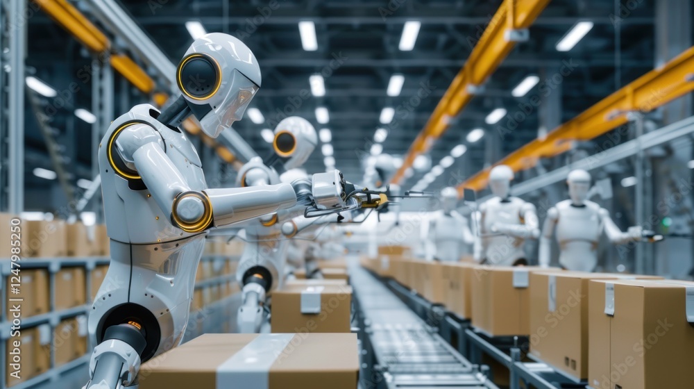 A factory with robots working on a conveyor belt A factory with robots working on a conveyor belt
