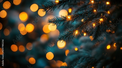 Wallpaper Mural Close-up of a decorated pine tree branch with warm, glowing lights against a bokeh background. Torontodigital.ca