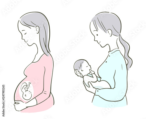 妊娠中の女性と新生児を抱く女性のイラスト