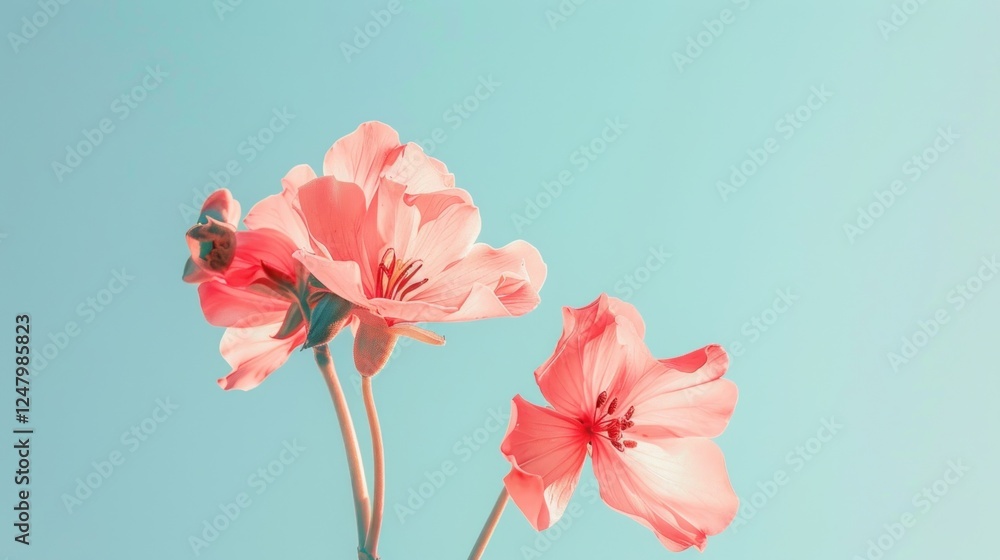The pink flowers are in the air with a blue sky in the background The pink flowers are in the air with a blue sky in the background