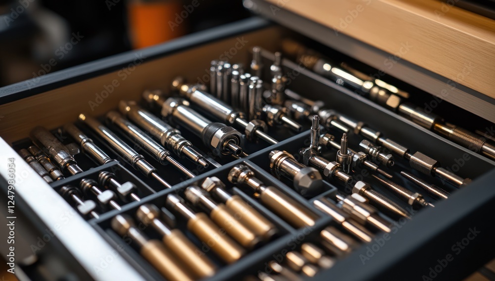 Close-up of an organized drawer filled with various precision tools and metal components. Close-up of an organized drawer filled with various precision tools and metal components.