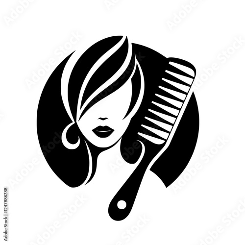 Stylized woman's face, silhouette with comb, black and white, circle, modern, minimalist, and a hairstyling theme.