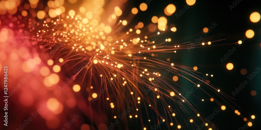 Naklejka premium Abstract glowing fiber optic strands with bokeh lights, dark background.