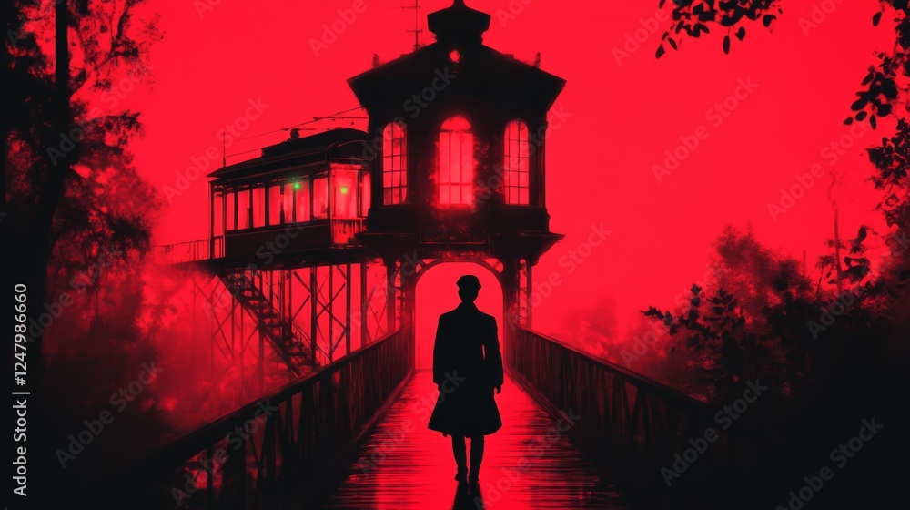 Obraz premium A lone figure walks across a bridge towards a gothic tower under a crimson sky evoking mystery and suspense The setting is ethereal