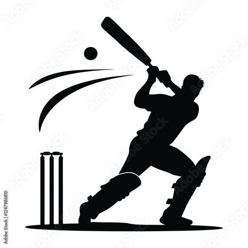 Silhouette of a cricket batsman executing a powerful ground stroke. Dynamic pose capturing motion and precision, for sports graphics, team logos, and tournament.