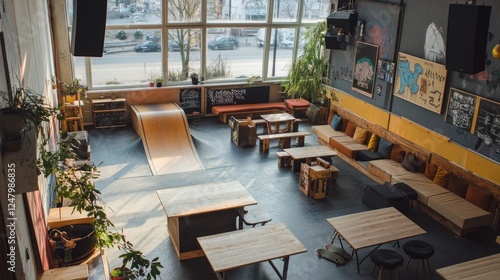 High-angle view of a spacious indoor skate park with seating areas and large windows.