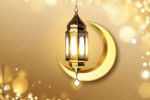 A beautifully designed Ramadan crescent and hanging lantern, Soft beige-to-gold gradient with bokeh effect of blurred light spots, Eid Mubarak and Ramadan background, wallpaper, or greeting card photo