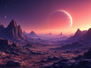 Leinwandbilder Purpur Alien landscape shows vast terrain under a vibrant sky with distant celestial bodies  © NexusGallery