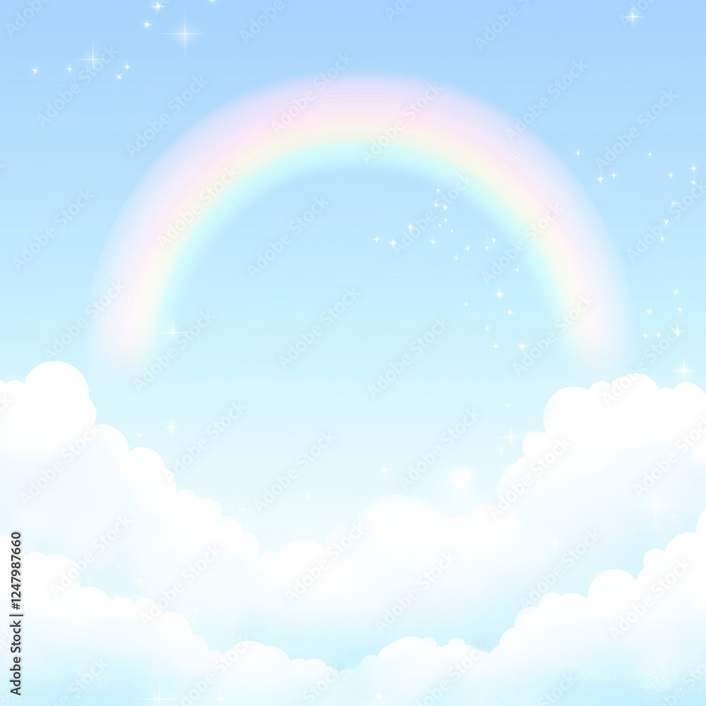 Soft pastel sky with rainbow and fluffy clouds Soft pastel sky with rainbow and fluffy clouds