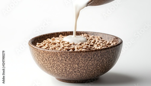 Milk poured on cereal in bowl, studio shot photo