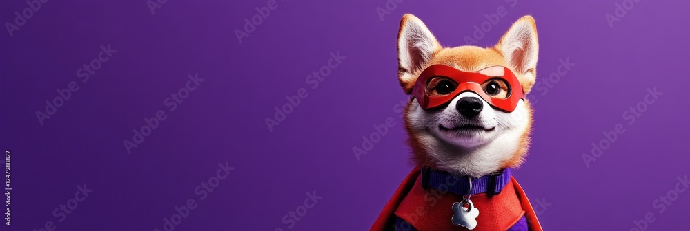 Super dog hero in red cape and mask on purple background. Super dog hero in red cape and mask on purple background.