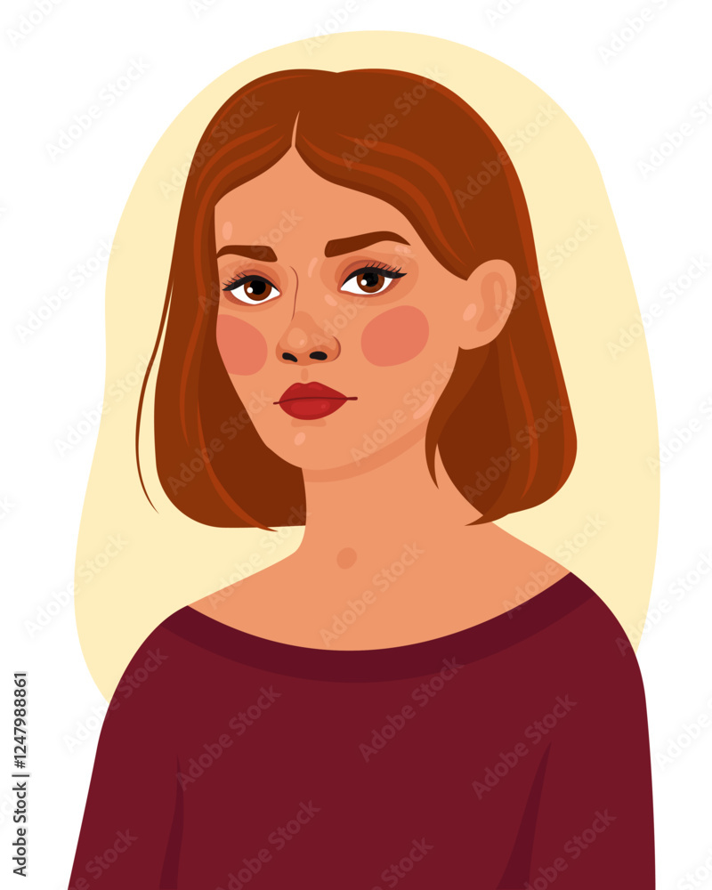Portrait of a young woman with short brown hair. Women's day. Pretty european girl. Vector illustration. Portrait of a young woman with short brown hair. Women's day. Pretty european girl. Vector illustration.