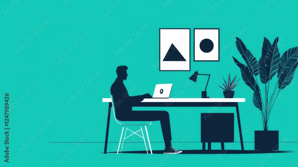 Fototapeta premium Minimalist Workspace Illustration Featuring a Person Working on a Laptop with Indoor Plants and Wall Art