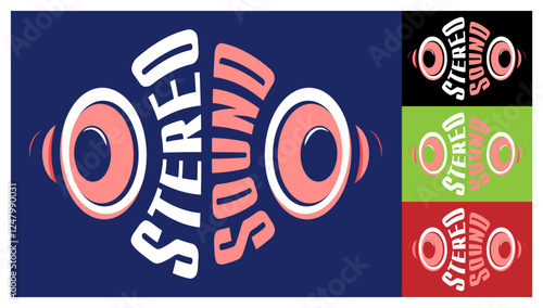 Music speakers compress inscription STEREO SOUND on both sides with bass and high frequencies. Emblem of recording studio, professional audio equipment store. Vector print for t shirt