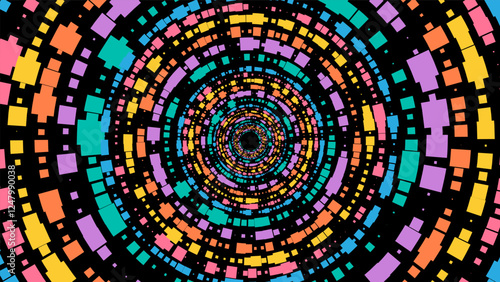 Bright multi colored tunnel of neon mosaic tiles receding into outer space. Galaxy tunnel wormhole in middle of black abyss. Abstract futuristic banner made of bright mosaic on black background