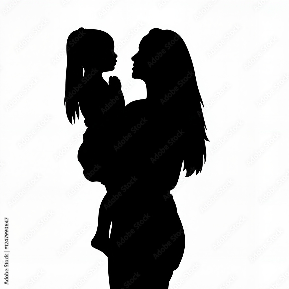 Silhouette of mom lifting daughter against white background, family love Silhouette of mom lifting daughter against white background, family love