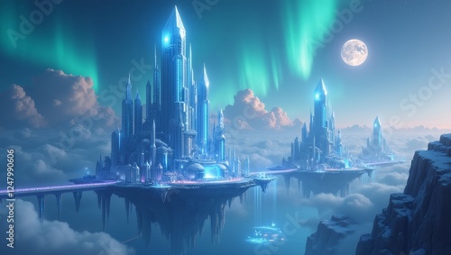 A floating crystal city suspended above an endless ocean, with glowing bridges connecting shimmering towers, under a sky filled with twin moons and auroras.