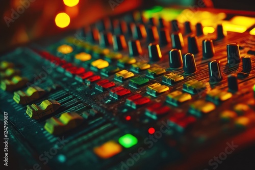 Close-up of a sound mixing console with colorful lights. photo