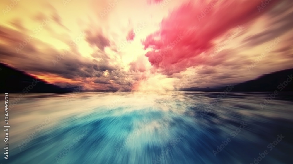 Obraz premium Abstract waterscape with motion blurred effect capturing vibrant hues reflected clouds and distant shores under a dreamy surreal sky