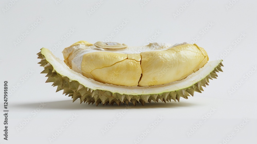 Closeup of Ripe and Juicy Durian Fruit with Spiky Shell Texture on White Background Tropical Exotic Delicious Sweet Healthy Organic Food Concept Closeup of Ripe and Juicy Durian Fruit with Spiky Shell Texture on White Background Tropical Exotic Delicious Sweet Healthy Organic Food Concept