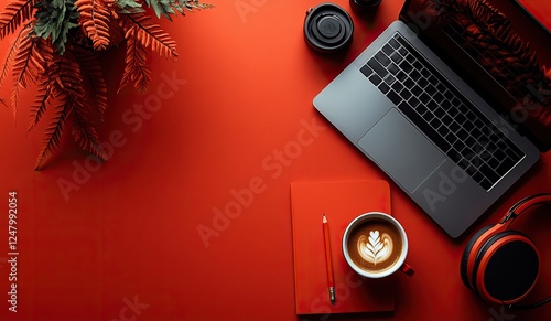 A grey laptop, a cup of coffee, a notebook with a pencil, and headphones on a red backdrop.