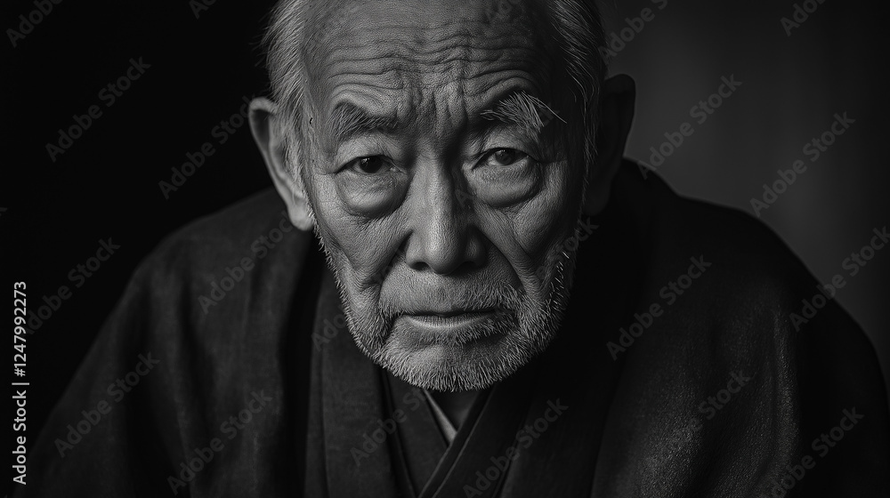 A striking black-and-white portrait of an elderly Japanese man wearing a traditional montsuki haori, his weathered face full of wisdom, deep contrast enhancing the details A striking black-and-white portrait of an elderly Japanese man wearing a traditional montsuki haori, his weathered face full of wisdom, deep contrast enhancing the details