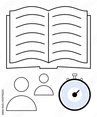 Open book clock and two person icons. Ideal for education, training, collaboration, punctuality, learning, teamwork, productivity Line metaphor