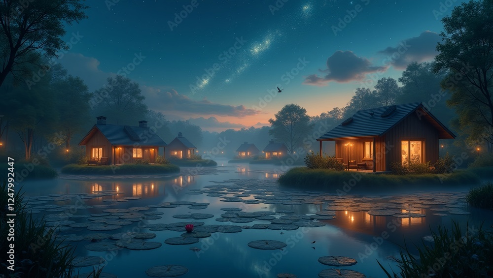 Fototapeta premium A cozy suburban neighborhood at dusk, but the houses are built on giant, floating lily pads above a glowing, misty lake. Fireflies the size of birds hover around, and the sky is filled 