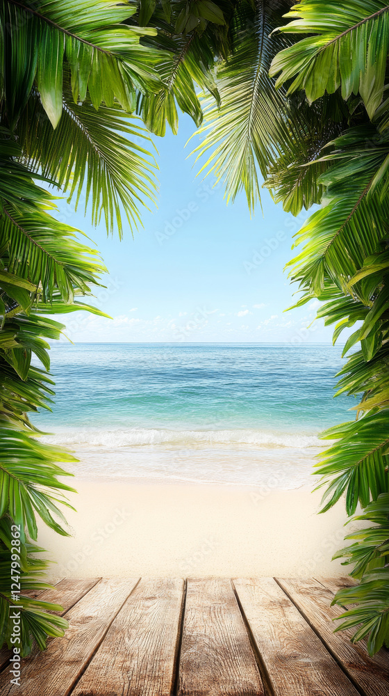 Fototapeta premium Tropical beach view framed by lush green palm leaves