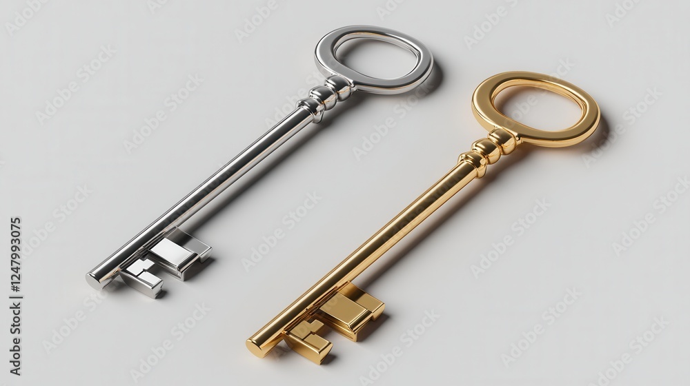 Stylized silver and gold gradient keys, elegant design, transparent background, digital art, perfect for creative projects Stylized silver and gold gradient keys, elegant design, transparent background, digital art, perfect for creative projects