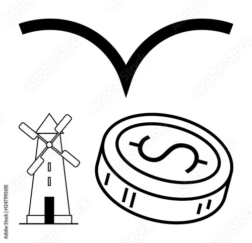 Windmill, dollar coin, and boomerang symbols representing energy, finance, and return actions. Ideal for investment, renewable energy, economic growth, business strategies sustainability profit