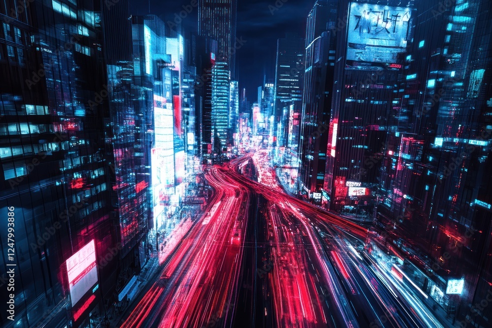Obraz premium Futuristic city at night, vibrant light trails on roads between skyscrapers.