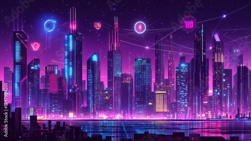 Wallpaper Mural Futuristic cityscape at night with neon lights and digital elements. Torontodigital.ca