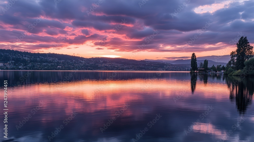 Fototapeta premium Spectacular sunset hues casting shadows across tranquil lake surface
