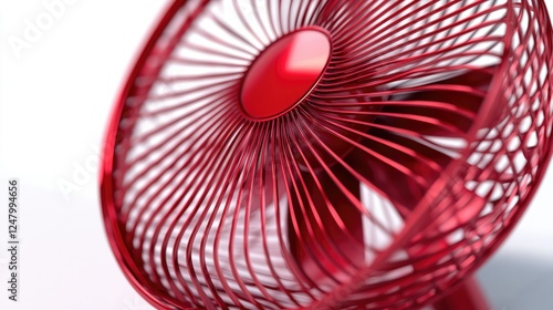 A bright red standing fan with a round base, long pole, photo