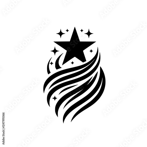 Black Starburst on white background, featuring a large central star, shooting stars, and curved stylized waves.
