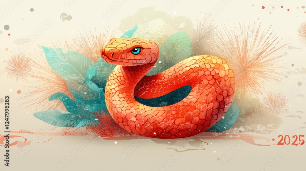 Fototapeta premium Orange snake coiled among tropical foliage.