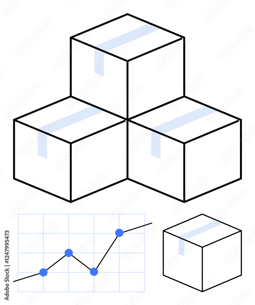 Three stacked boxes with a smaller box nearby and a rising line graph. Ideal for shipping, e-commerce, inventory management, data analysis, forecasting, logistics, abstract line flat metaphor Three stacked boxes with a smaller box nearby and a rising line graph. Ideal for shipping, e-commerce, inventory management, data analysis, forecasting, logistics, abstract line flat metaphor