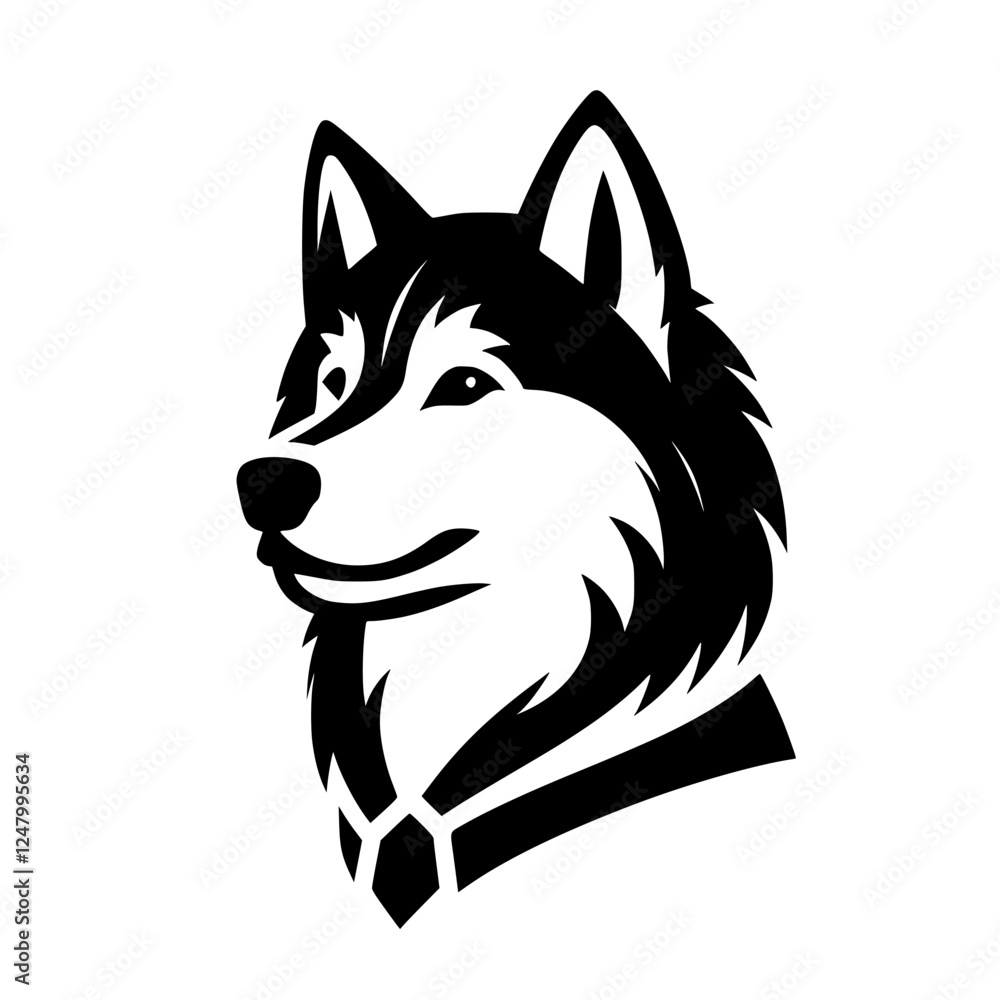 Naklejka premium Stylized Husky Portrait: Black and White, Simplified, Headshot, Sleek, Minimalist, Dog, Silhouette.