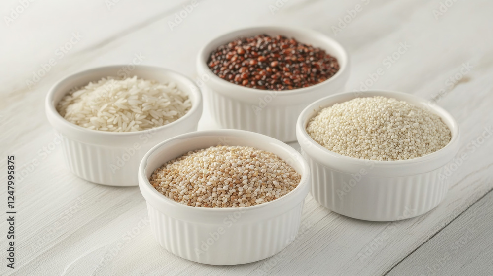 White bowls filled with rice, oats, quinoa, and millet showcase variety of grains. This colorful assortment highlights healthy eating and diverse culinary options White bowls filled with rice, oats, quinoa, and millet showcase variety of grains. This colorful assortment highlights healthy eating and diverse culinary options