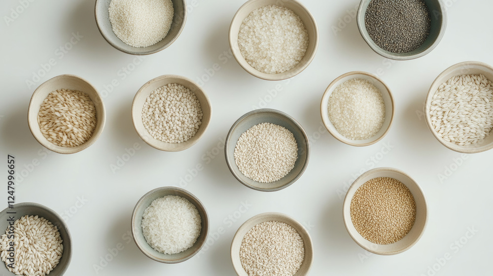 Top down view of bowls filled with various grains, including rice, quinoa, and sesame seeds, arranged aesthetically on light background Top down view of bowls filled with various grains, including rice, quinoa, and sesame seeds, arranged aesthetically on light background