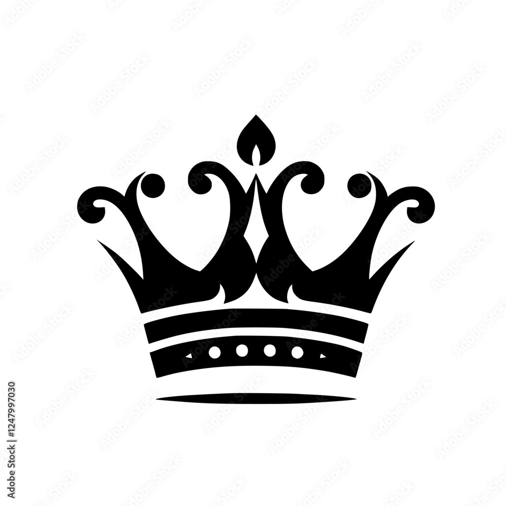 Black-and-white image of a crown, displaying a black-and-white crown with a white background, the crown is composed of curved lines, simple design and is composed of a top with an ornament like shape. Black-and-white image of a crown, displaying a black-and-white crown with a white background, the crown is composed of curved lines, simple design and is composed of a top with an ornament like shape.